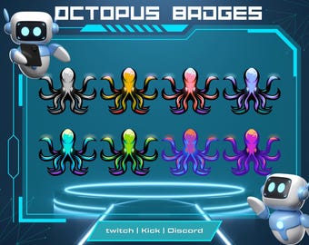 May include: A digital graphic featuring eight colorful octopus badges. Each octopus has a unique color scheme, including black, yellow, pink, and purple. The text "OCTOPUS BADGES" is at the top, with "twitch | Kick | Discord" at the bottom.