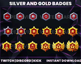 Gold & Silver Twitch Sub Badges | Kawaii Loyalty Badges (Digital Download)