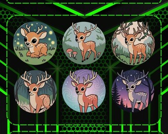 May include: Six colorful round badges featuring cartoon deer in various forest settings. The badges have a green, blue, and purple background with stars, mushrooms, and trees. The text "DEER BADGES" is at the top of the image. The text "KICK | DISCORD | TWITCH" is at the bottom of the image.