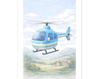 Mural de helicóptero para habitación infantil: impresión artística en acuarela, decoración para habitación de bebé