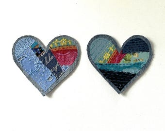 Hand Stitched Denim Heart Patch, Sashiko Boro Applique