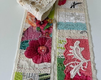 Colorful Patchwork Fabric Art Strip – Textile Collage with Mixed Patterns and Stitching, Fiber Art
