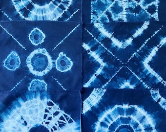 6 pieces hand dyed cotton fabric, indigo blue Shibori, one of the kind, unique, handmade