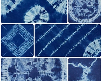 6 pieces hand dyed cotton fabric, indigo blue Shibori, one of the kind, unique, handmade