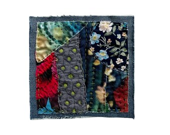 Boro Style Textile Square, Denim Patchwork, Fabric Collage, Mixed Media Fiber Art, Original Hand Stitched Patch