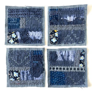 Boro Style Textile Squares, Denim Patchwork, Fabric Collage, Mixed Media Fiber Art, Original Hand Stitched Patch