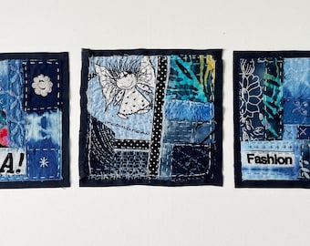 Boro Style Textile Squares, Denim Patchwork, Fabric Collage, Mixed Media Fiber Art, Original Hand Stitched Patch