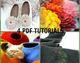 4 in 1 PDF Tutorial in English Felted Cat Cave+Felted flower+Felted Slippers+Felted Scarf