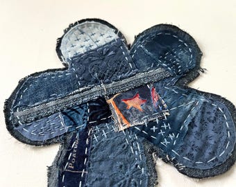 Hand Stitched Flower Patch, Sashiko Boro Applique, Upcycled Denim