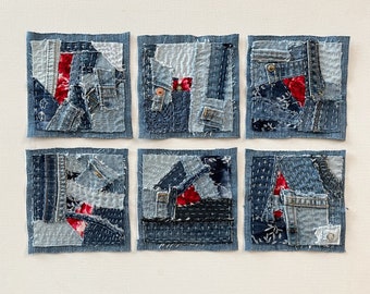 Denim Jean Patches Handcrafted Boro Sashiko Patch: Unique Denim Mending with Hand Stitching - Sew-on Appliqué for Jeans