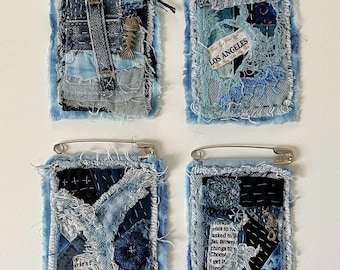 Denim brooch, Sashiko, Boro brooch, Handmade denim art, brooch for Jeans, Hand Stitched brooch,  Upcycled fabric brooch, Jean pin