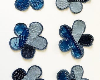 Hand Stitched Flower Patch, Sashiko Boro Applique, Upcycled Denim