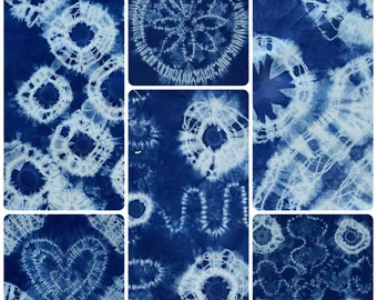 6 pieces hand dyed cotton fabric, indigo blue Shibori, one of the kind, unique, handmade