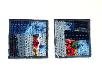 Boro Style Textile Square, Denim Patchwork, Fabric Collage, Mixed Media Fiber Art, Original Hand Stitched Patch