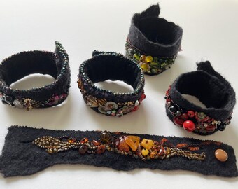 Beaded Felt Cuff Bracelet | Hand Embroidered Statement Cuff | Boho Bead Embroidery Jewelry | Choose Your Color | Button Closure