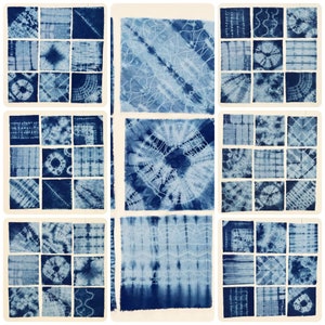 Hand-Dyed Indigo Shibori Cotton Fabric Squares, 9 Piece Set