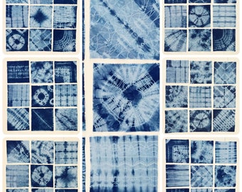 Hand-Dyed Indigo Shibori Cotton Fabric Squares, 9 Piece Set