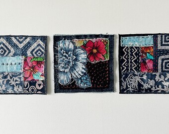 Boro Style Textile Squares, Denim Patchwork, Fabric Collage, Mixed Media Fiber Art, Original Hand Stitched Patch