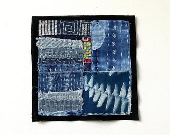 Boro Style Textile Square, Denim Patchwork, Fabric Collage, Mixed Media Fiber Art, Original Hand Stitched Patch