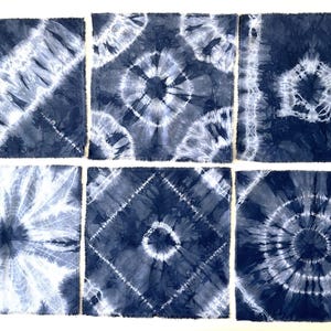 6 pieces hand dyed cotton fabric, indigo blue Shibori, one of the kind, unique, handmade