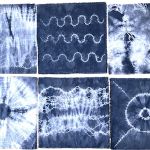 6 pieces hand dyed cotton fabric, indigo blue Shibori, one of the kind, unique, handmade