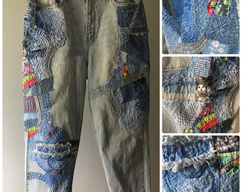Upcycled jeans, hand stitched and handcrafted with unique one of the kind appliques