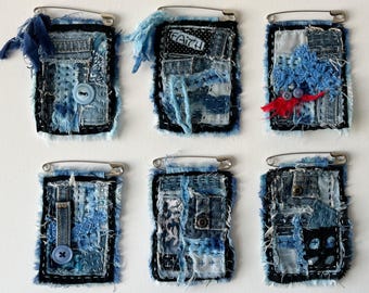 Denim brooch, Sashiko, Boro brooch, Handmade denim art, brooch for Jeans, Hand Stitched brooch,  Upcycled fabric brooch, Jean pin