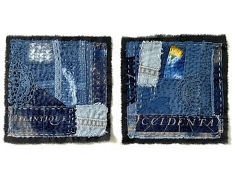Boro Style Textile Square, Denim Patchwork, Fabric Collage, Mixed Media Fiber Art, Original Hand Stitched Patch