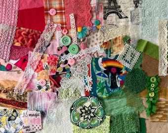 Over 50 pcs Fabric Scrap Bundle | Mixed Textiles | Lace Buttons Crochet | Slow Stitch Junk Journal Collage Craft Pack