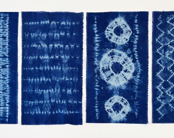 4 pieces hand dyed cotton fabric, indigo blue Shibori, one of the kind, unique, handmade
