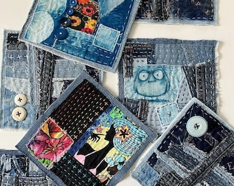 Boro Style Textile Squares, Denim Patchwork, Fabric Collage, Mixed Media Fiber Art, Original Hand Stitched Patch