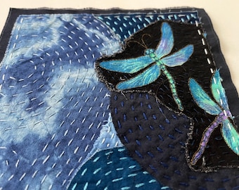 Dragonfly patchwork, Fabric Collage, Mixed Media Fiber Art, Original Hand Stitched Patch