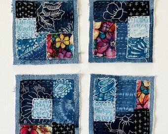 Boro Style Textile Squares, Denim Patchwork, Fabric Collage, Mixed Media Fiber Art, Original Hand Stitched Patch