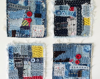 Boro Style Textile Squares, Denim Patchwork, Fabric Collage, Mixed Media Fiber Art, Original Hand Stitched Patch