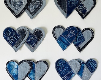 Denim Heart Iron-On Patches, Set of 2 | Upcycled Blue Jean Fabric Appliqué | Hand-Stitched Boho Patches for Jackets, Bags & Clothing