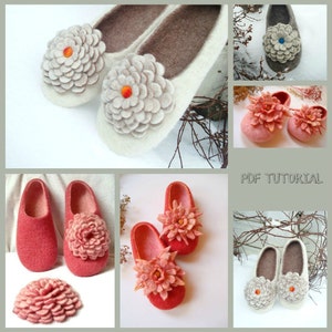 May include: A collection of felt slippers with flower embellishments. The slippers are available in various colours, including white, grey, pink, and red. The flowers are made of felt and have a variety of colours, including orange, blue, and pink. The slippers are a great way to add a touch of style and comfort to your home. PDF TUTORIAL.
