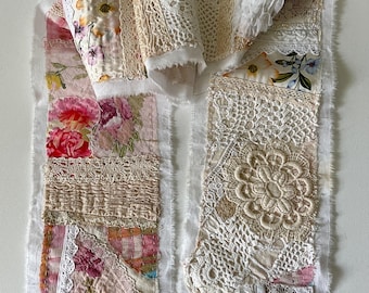 Colorful Patchwork Fabric Art Strip – Textile Collage with Mixed Patterns and Stitching, Fiber Art