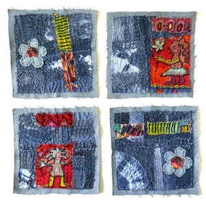 May include: Four square fabric patches featuring mixed media textile art. Each piece incorporates denim, frayed edges, hand-stitched details, and colorful fabric appliqués including floral shapes and stylized figures in red, yellow, and blue tones.
