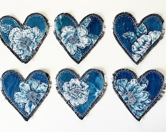 Hand Stitched Denim Heart Patch, Sashiko Boro Applique