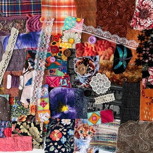 May include: A fabric collage featuring a diverse assortment of textile scraps, including floral, plaid, and animal prints. The composition incorporates lace trim, buttons, and thread spools, creating a layered, multicolored patchwork surface.