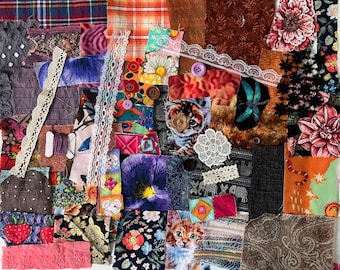 Over 50 pcs Fabric Scrap Bundle | Mixed Textiles | Lace Buttons Crochet | Slow Stitch Junk Journal Collage Craft Pack