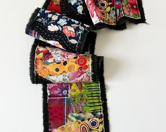 Hand-Stitched Fabric Collage Art Strip | Mixed Media Textile Wall Art | Boro Patchwork
