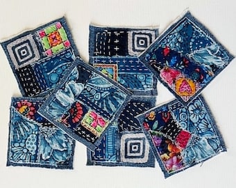 Boro Style Textile Squares, Denim Patchwork, Fabric Collage, Mixed Media Fiber Art, Original Hand Stitched Patch