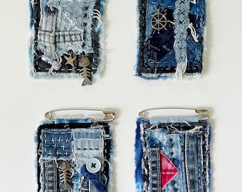 Denim brooch, Sashiko, Boro brooch, Handmade denim art, brooch for Jeans, Hand Stitched brooch,  Upcycled fabric brooch, Jean pin