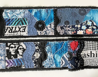 Blue Fabric Snippet Roll | Crazy Quilt Patchwork Strip| Unique Fabric Collage