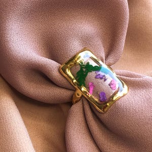 Gold Frame Resin Ring with Pressed Flowers | Handmade Botanical Jewelry | Unique Adjustable Statement Ring | Nature-Inspired Gift for Her