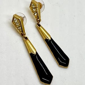 Vintage Black And Gold Tone Art Deco Earrings With Rhinestones