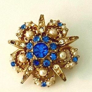 Vintage Starburst Brooch With Faux Pearls And Blue Rhinestones