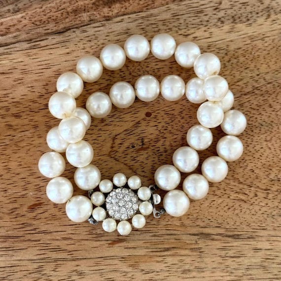 Vintage Marvella Faux Double Strand Pearl Bracelet with Rhinestone Clasp
