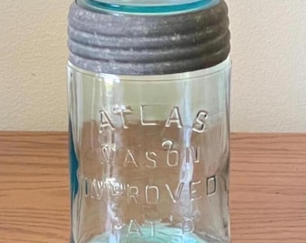 Antique Atlas Mason Improved Jar and Lid With Glass Insert & Screw Band